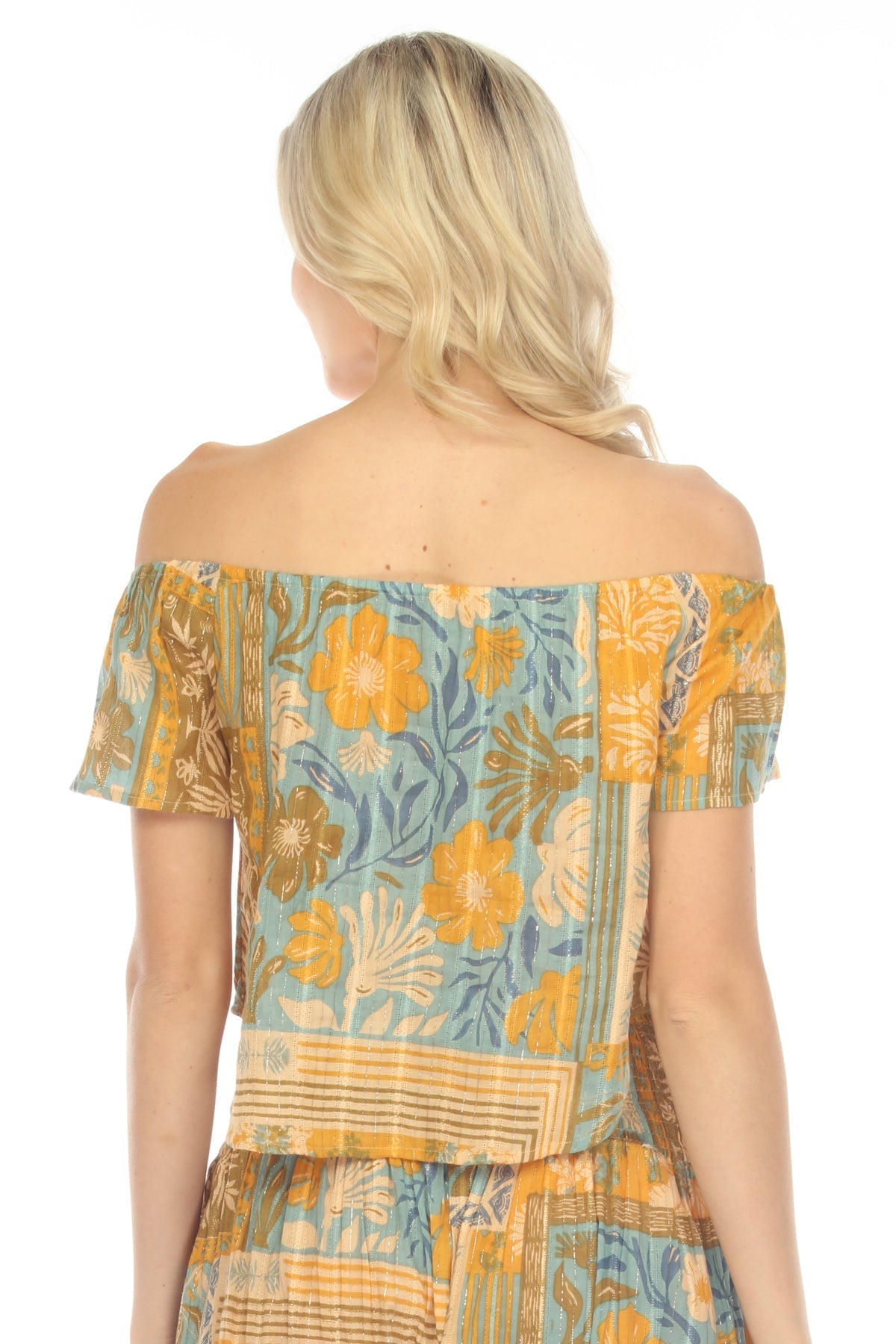 Tropical Patchwork Off Shoulder Crop Top