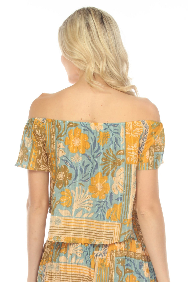 Tropical Patchwork Off Shoulder Crop Top