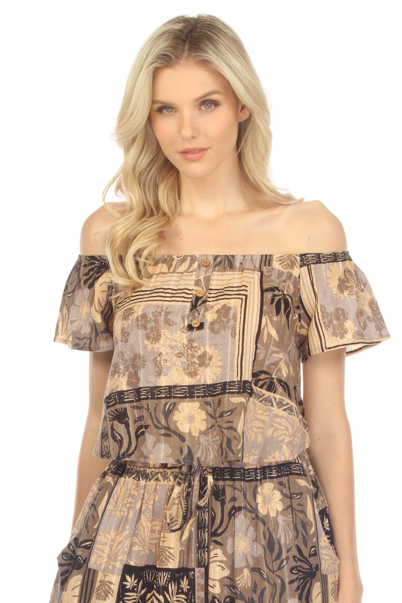 Tropical Patchwork Off Shoulder Crop Top