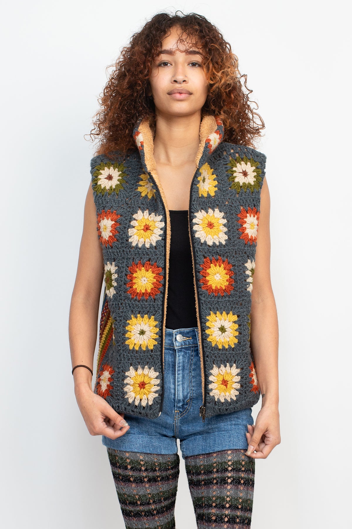 Painted Sq Crochet Fleece Vest