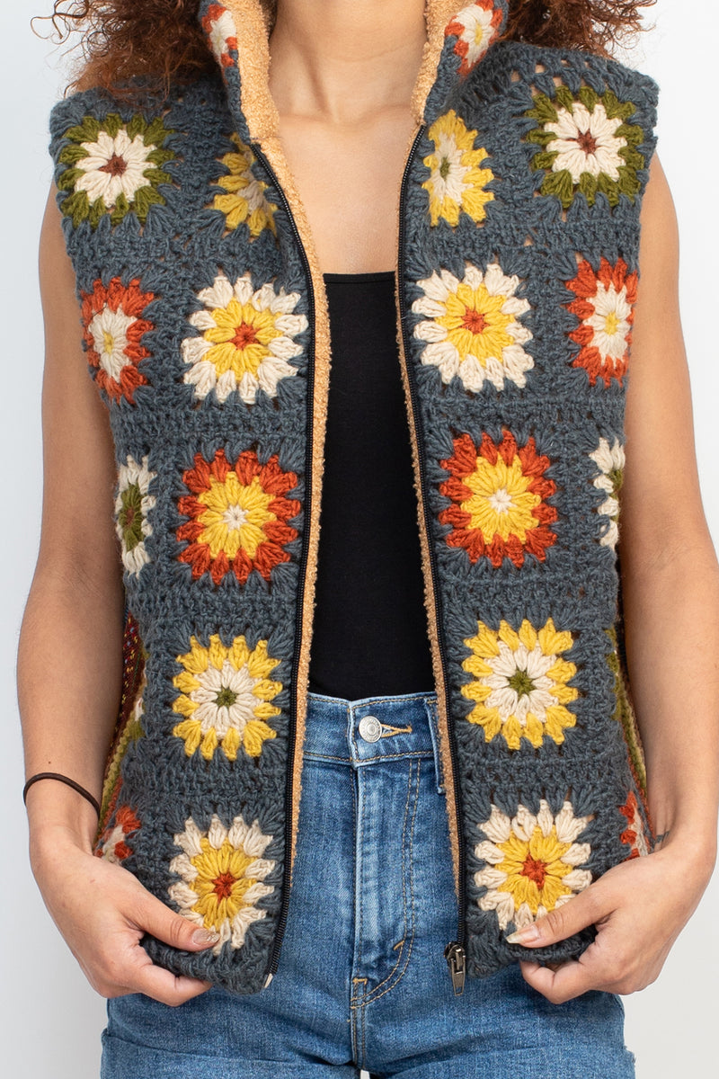 Painted Square Crochet Fleece Vest