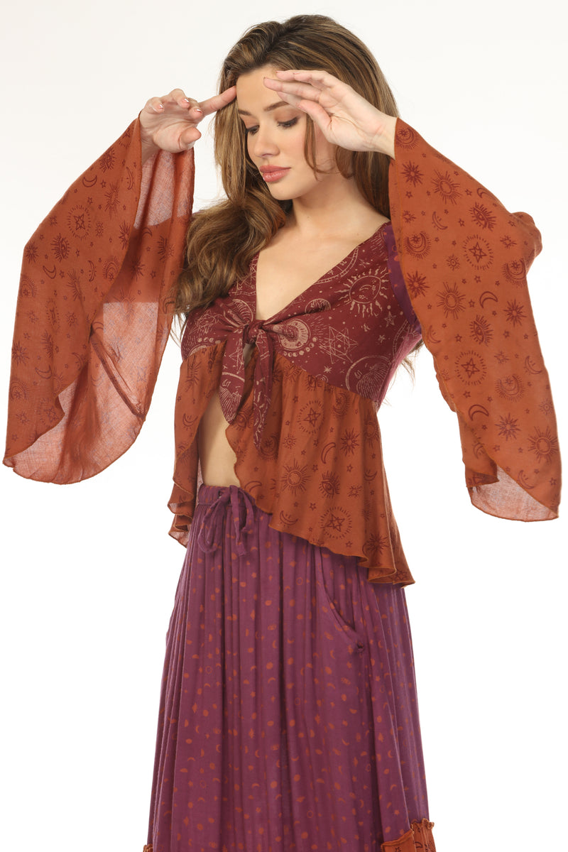 Celestial Patchwork Tie Front Top