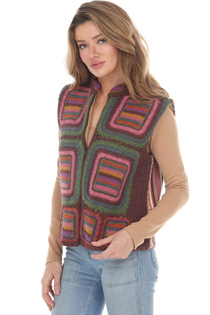 Geo Patchwork Crochet Wool Vest