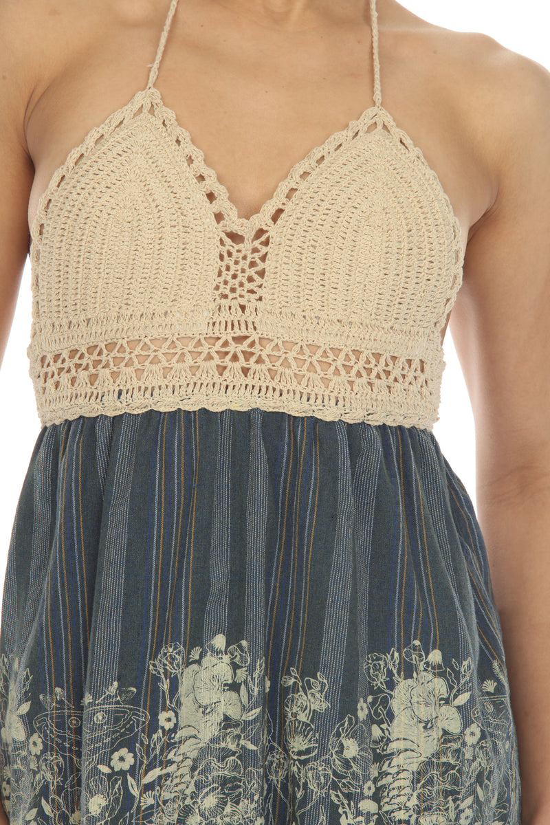 Midnight Floral Crochet Halter Dress