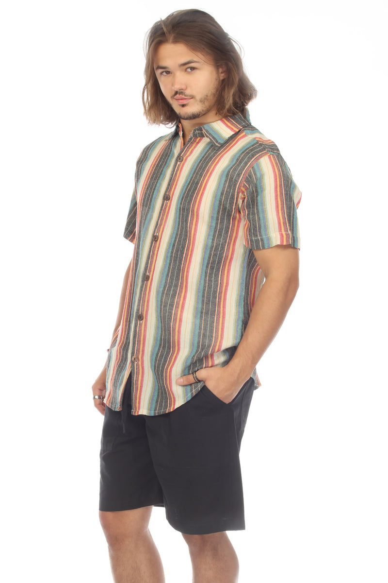 Stripe Button Down Mens Short Sleeve Shirt