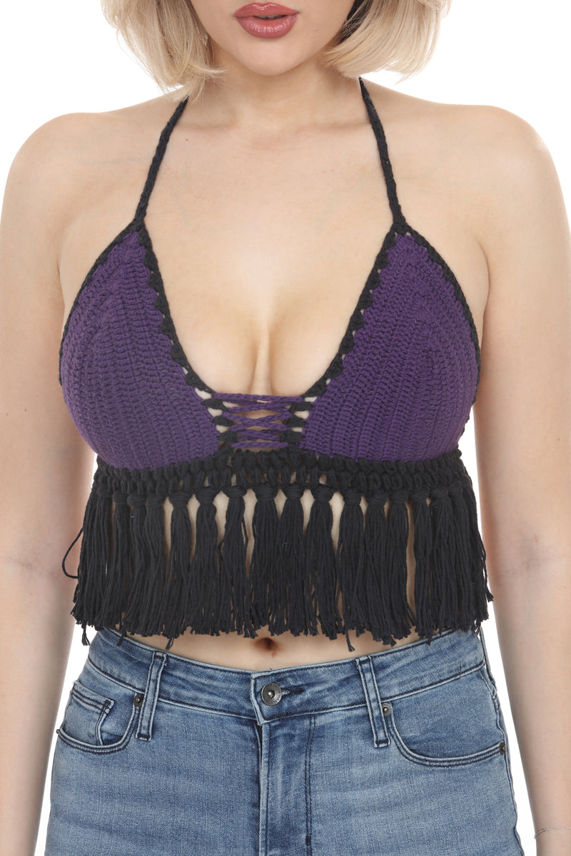 Laced Fringe Crochet Halter Top