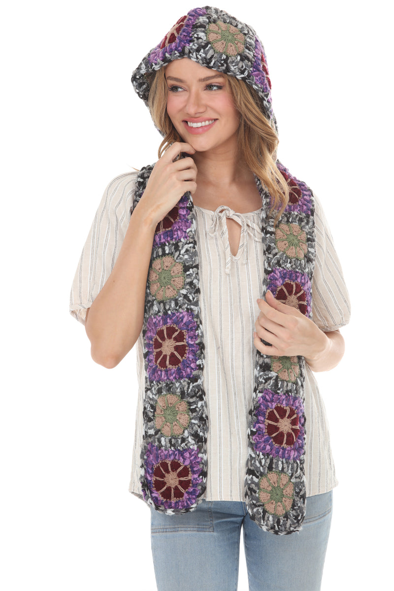Granny Sq Crochet Hooded Scarf