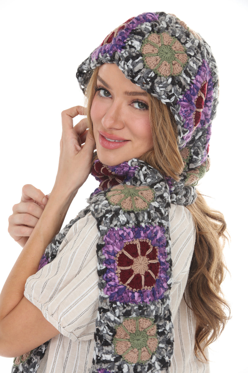 Granny Sq Crochet Hooded Scarf