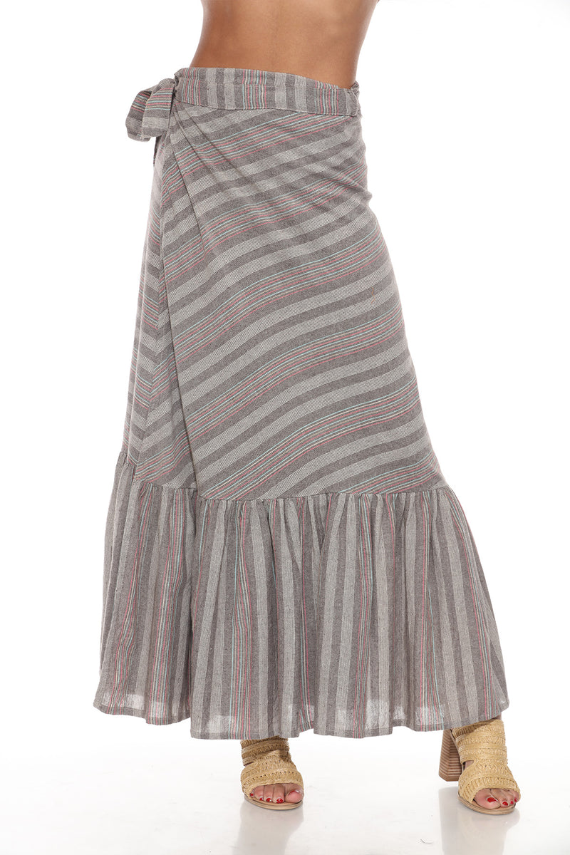 Ruffled Maxi Striped Wrap Skirt