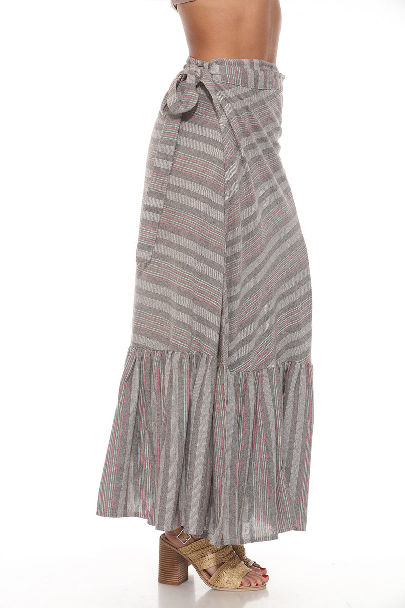 Ruffled Maxi Striped Wrap Skirt