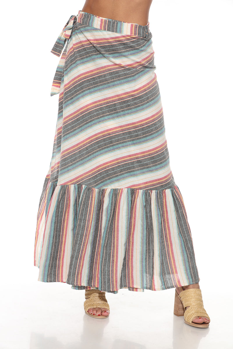 Ruffled Maxi Striped Wrap Skirt