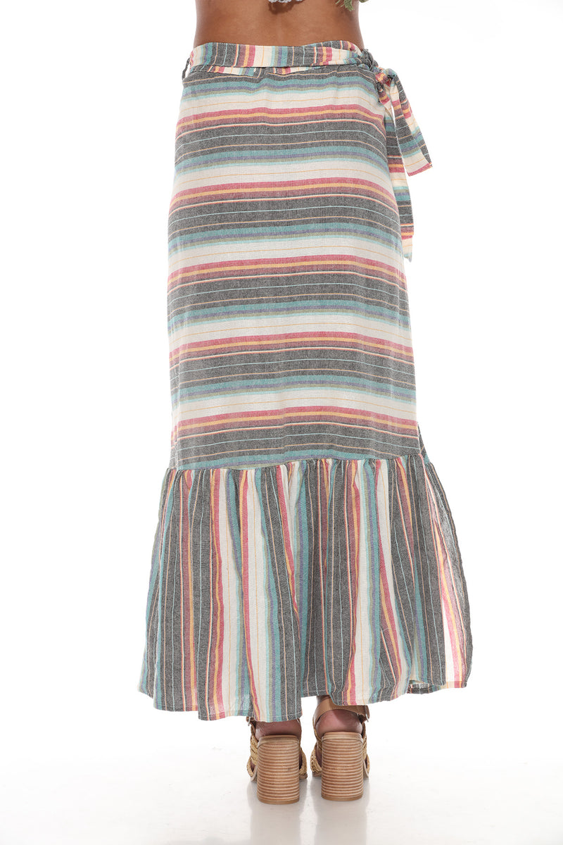 Ruffled Maxi Striped Wrap Skirt