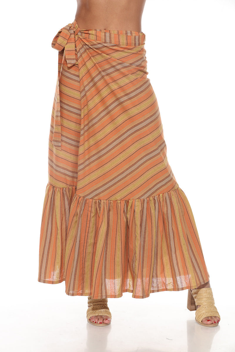 Ruffled Maxi Striped Wrap Skirt