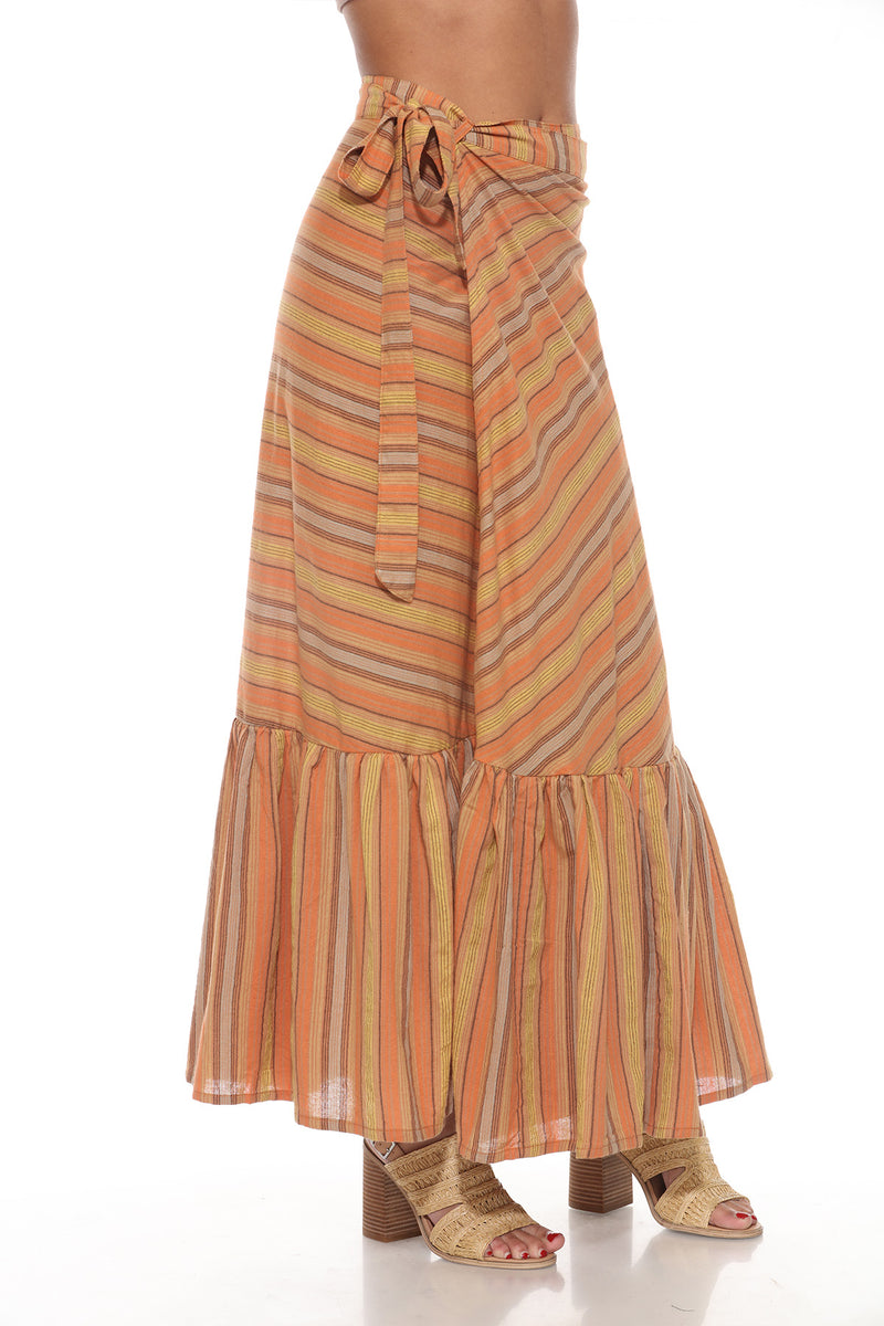 Ruffled Maxi Striped Wrap Skirt