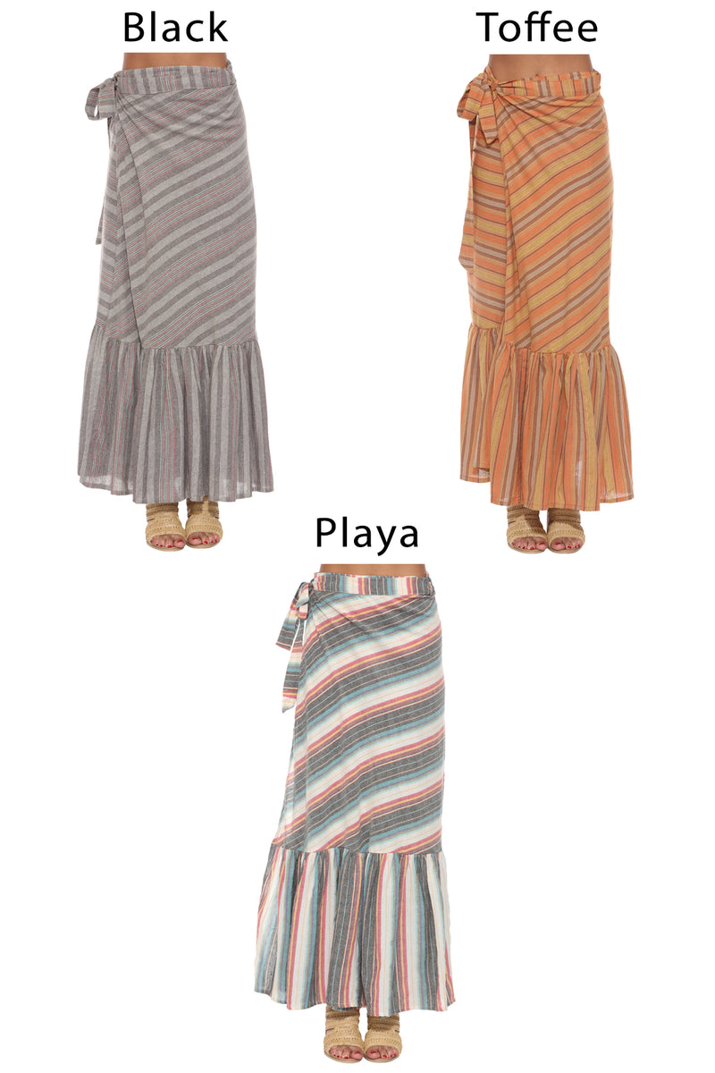 Ruffled Maxi Striped Wrap Skirt