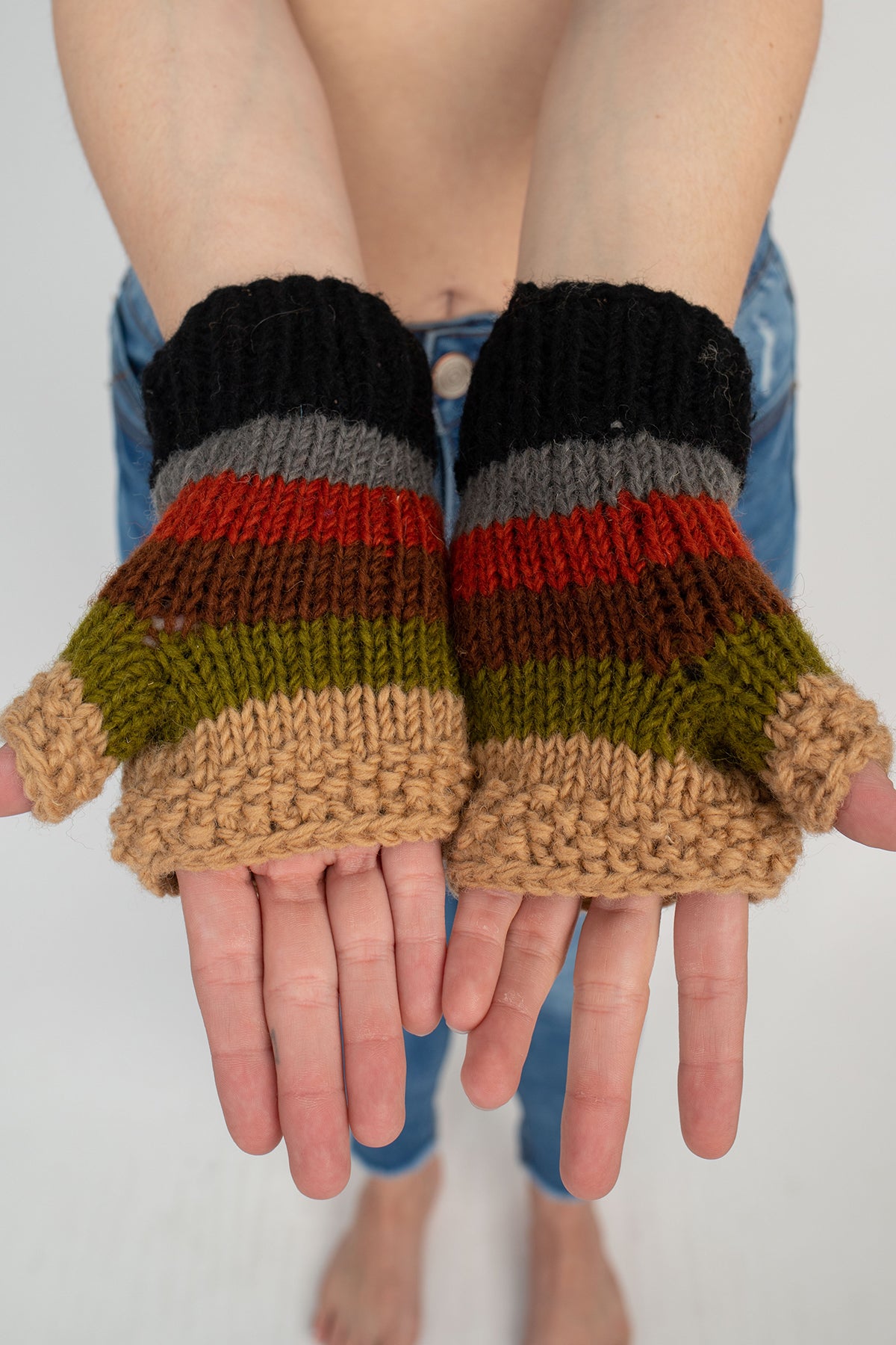 Multi Colored Striped Fingerless Gloves