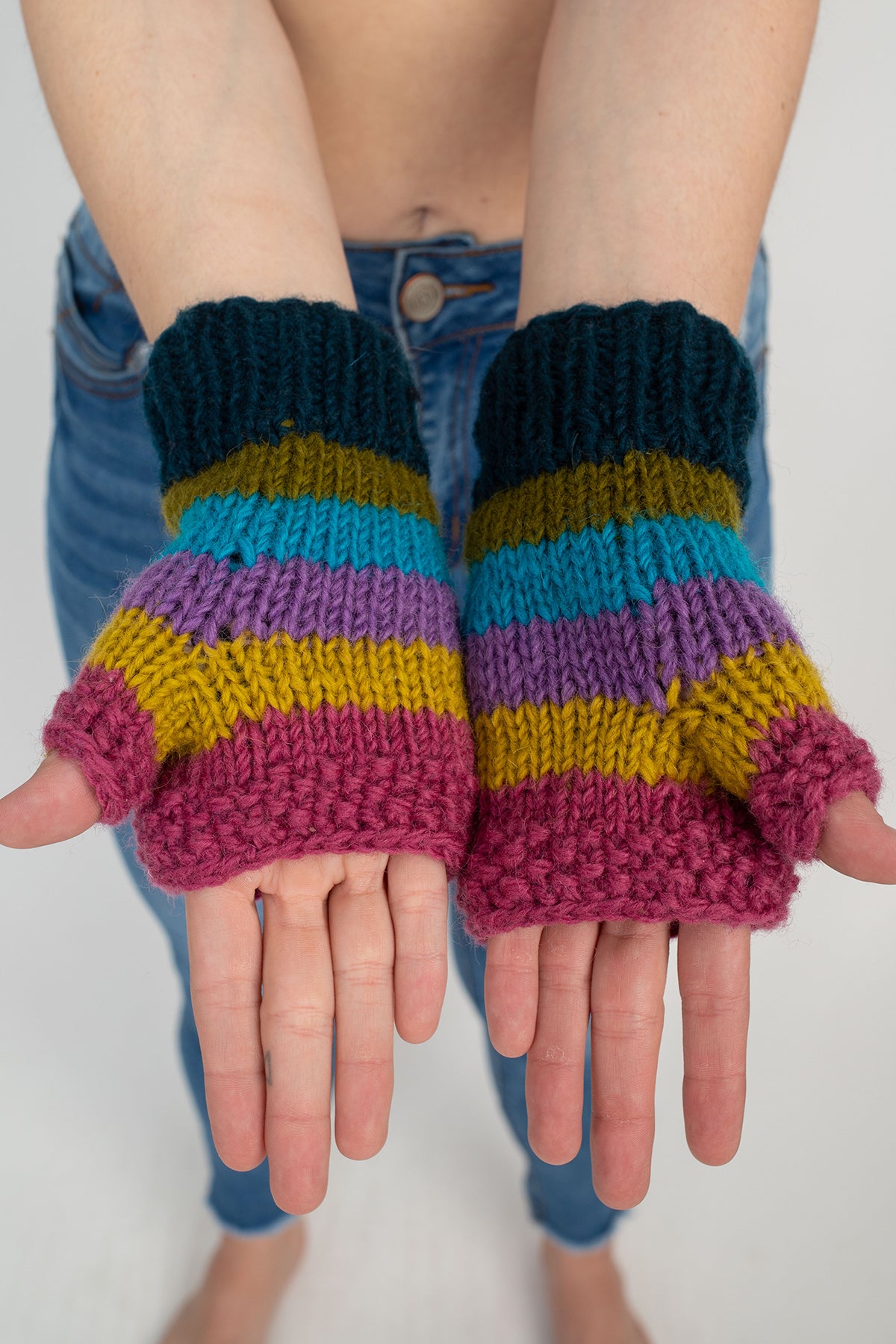 Multi Colored Striped Fingerless Gloves