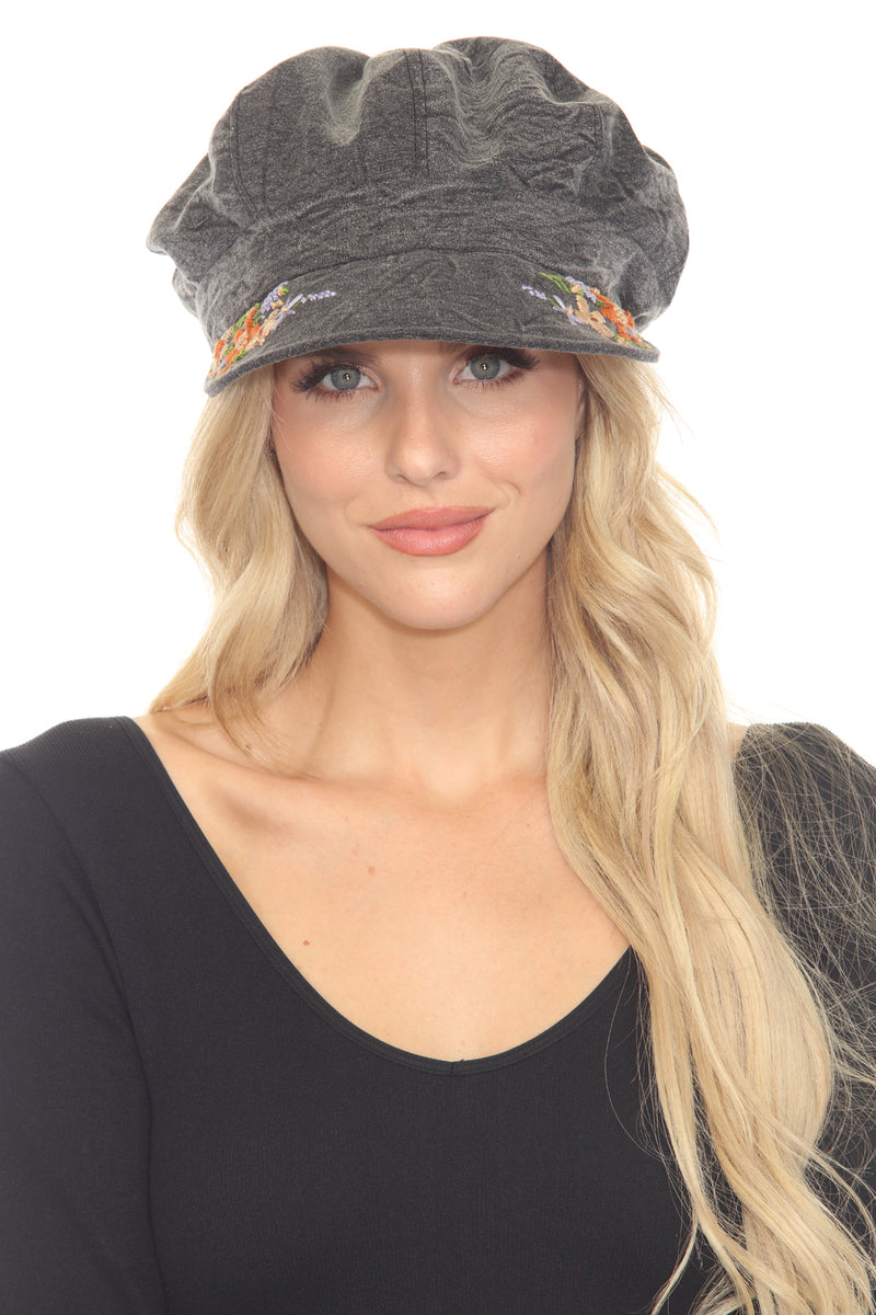 Stonewashed Embroidered Newsboy Cap