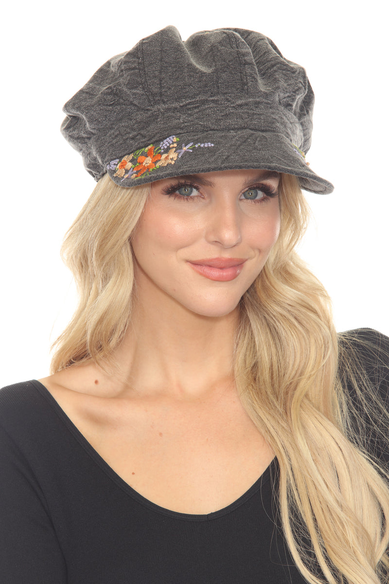 Stonewashed Embroidered Newsboy Cap