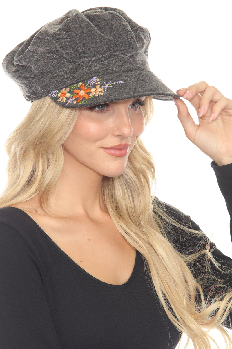 Stonewashed Embroidered Newsboy Cap