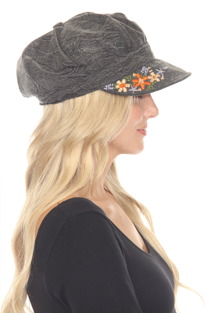Stonewashed Embroidered Newsboy Cap