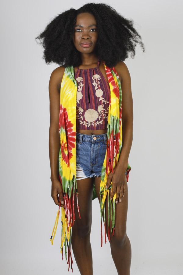 Tie-Dye Fringed Vest with Beads
