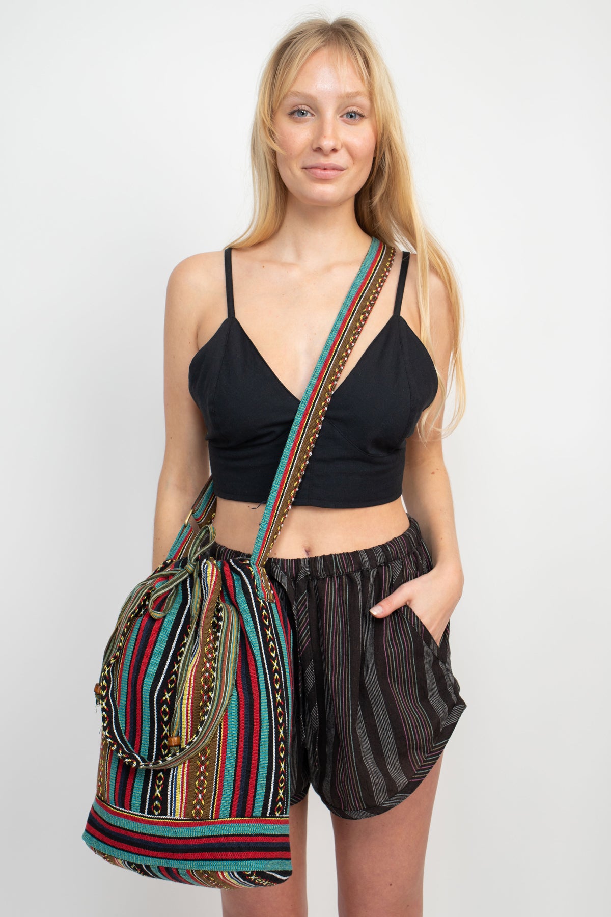 Cotton canvas bohemian hippie bucket bag-Brown-One size
